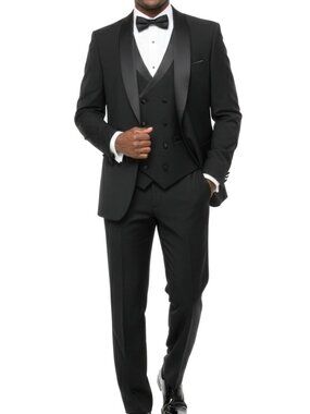 Solid Black Satin Shawl Lapel 3 Piece Double Breasted Vest Men's Suit